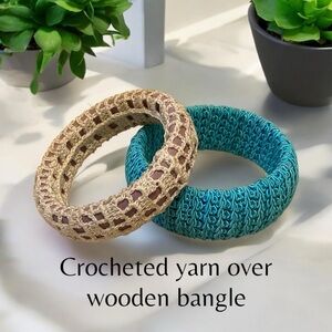 Tan and Blue Crochet Yarn Bracelets